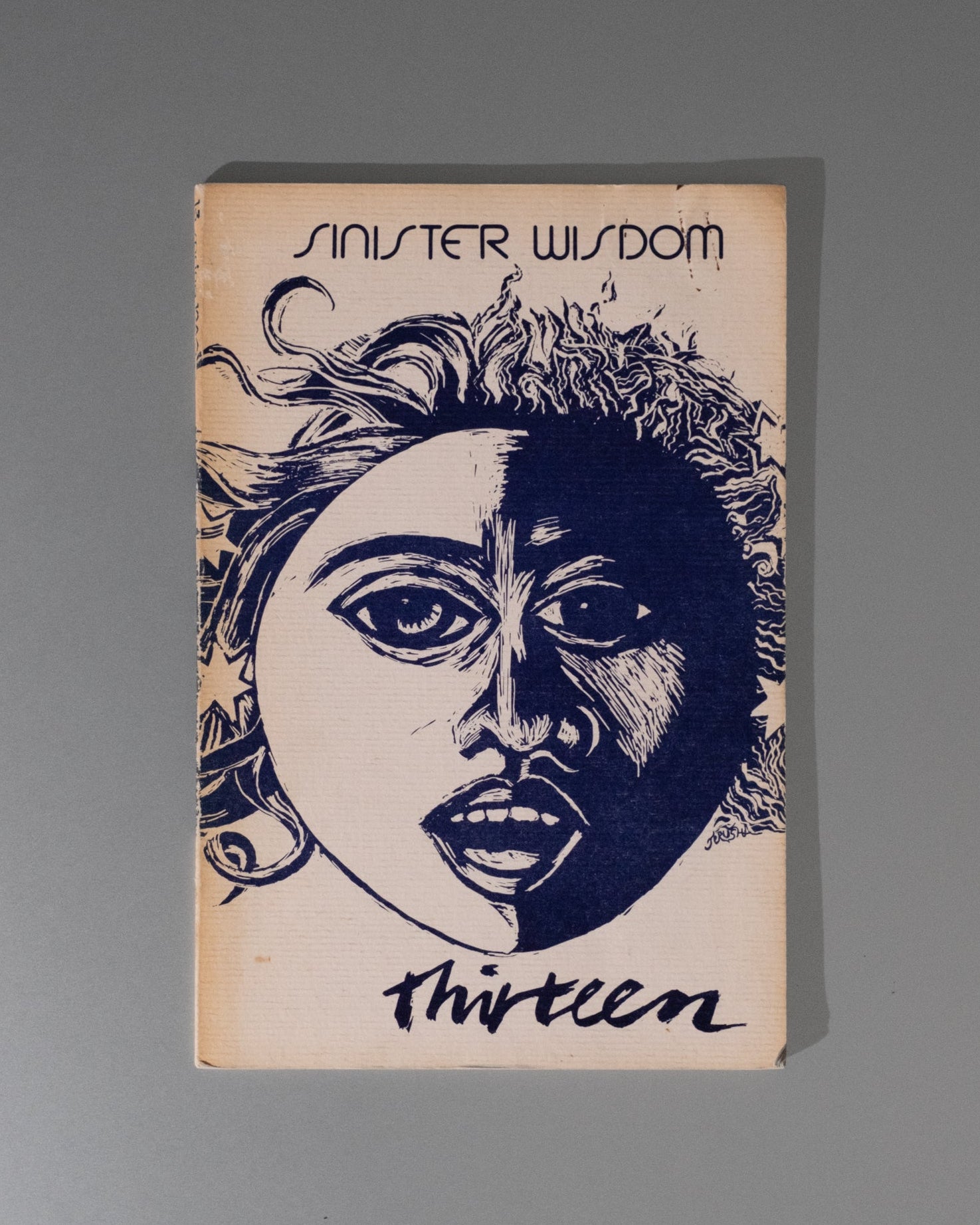 Book cover with a stylized face illustration and 'Sinister Wisdom' text on a gray background